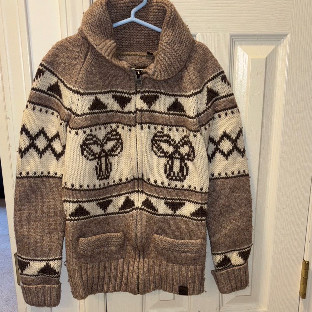 TNA Brown and Cream Zip Up Sweater